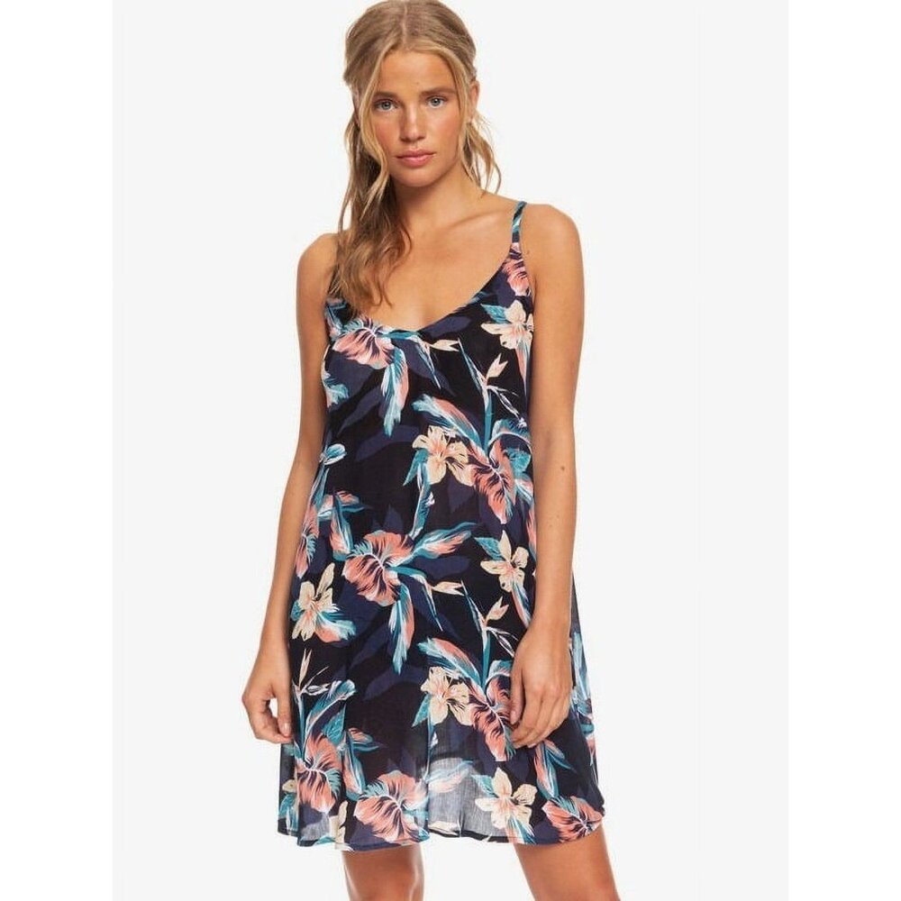 Roxy Be in Love Beach Dress Cover Up Size Small Sleeveless Black Floral Bohemian